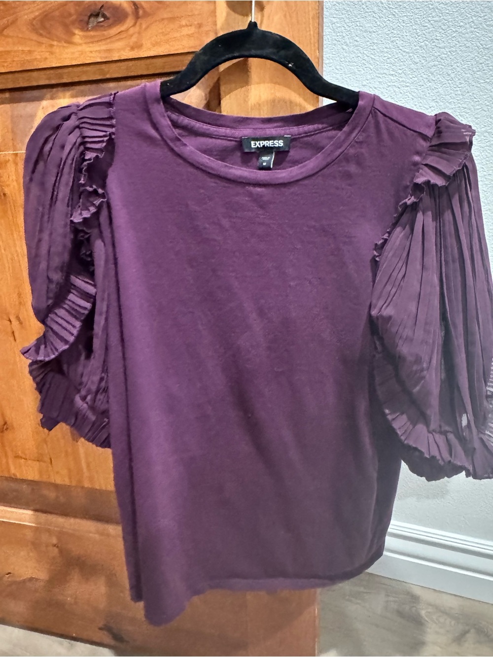 Express Purple Pleated Ruffle Sleeve Short Sleeve Top